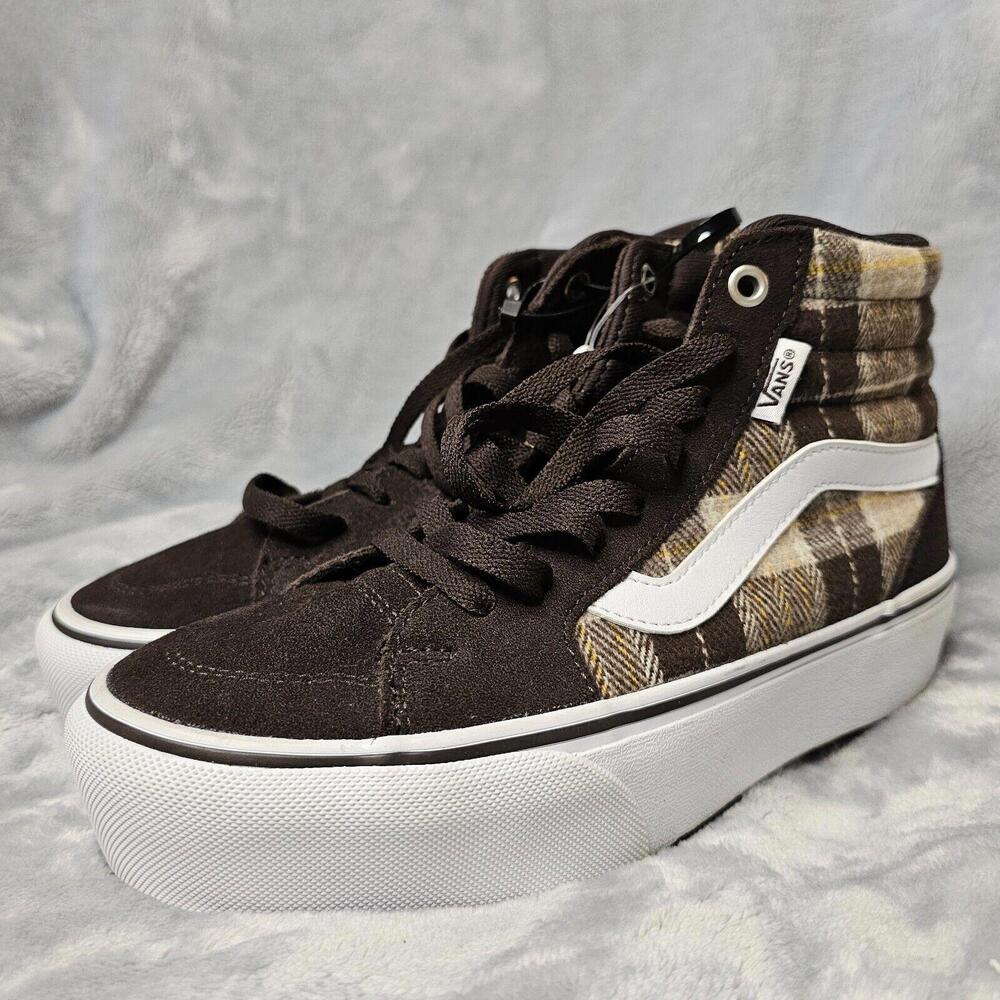 Vans Brown Plaid High Top Sneakers with White Side Stripe